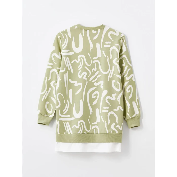 LCW Modest Yeşil Bisiklet Yaka Desenli Kadın Sweatshirt Tunik