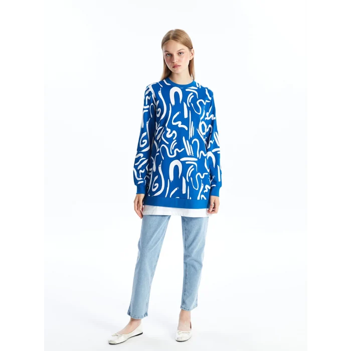LCW Modest Lacivert Bisiklet Yaka Desenli Kadın Sweatshirt Tunik