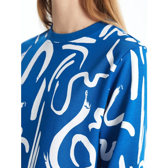 LCW Modest Lacivert Bisiklet Yaka Desenli Kadın Sweatshirt Tunik