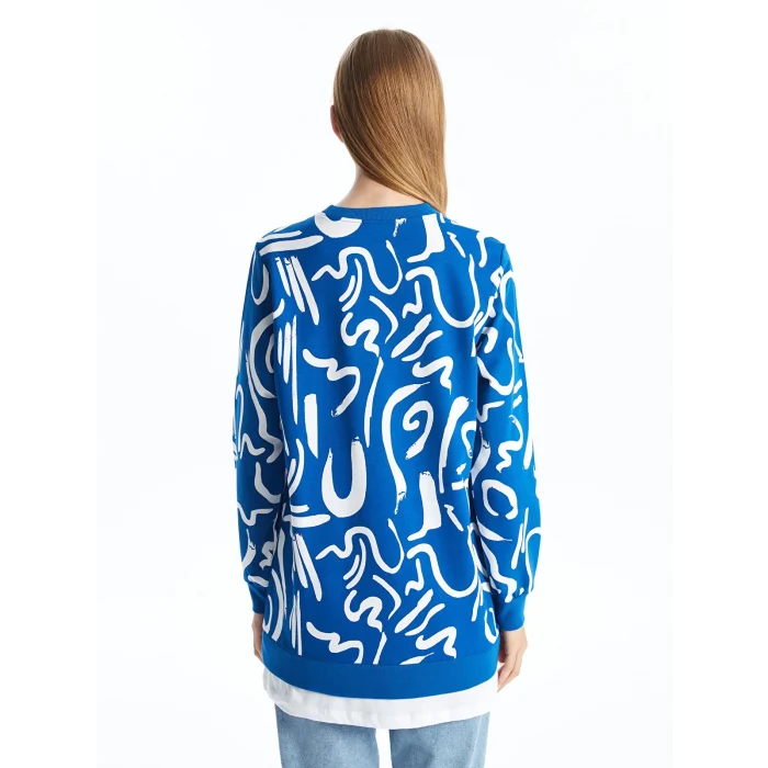 LCW Modest Lacivert Bisiklet Yaka Desenli Kadın Sweatshirt Tunik