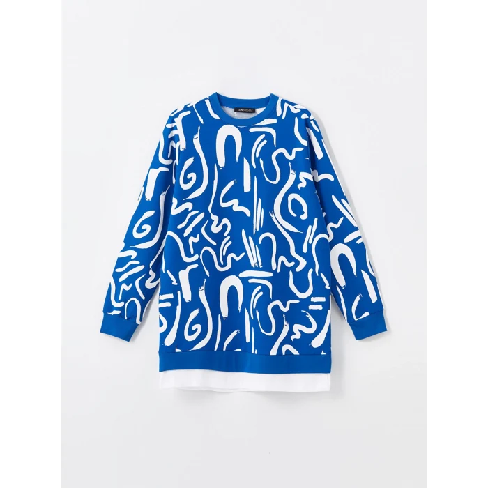 LCW Modest Lacivert Bisiklet Yaka Desenli Kadın Sweatshirt Tunik