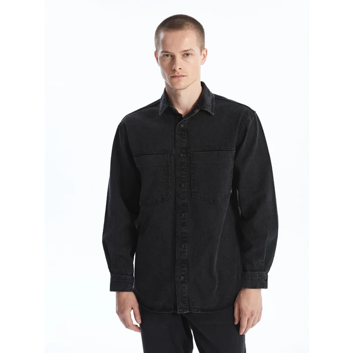 LCW Jeans Siyah Regular Fit Uzun Kollu Erkek Jean Gömlek