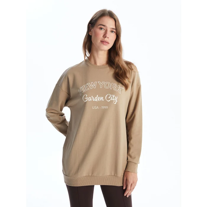 LCW Modest Bej Bisiklet Yaka Baskılı Kadın Sweatshirt Tunik