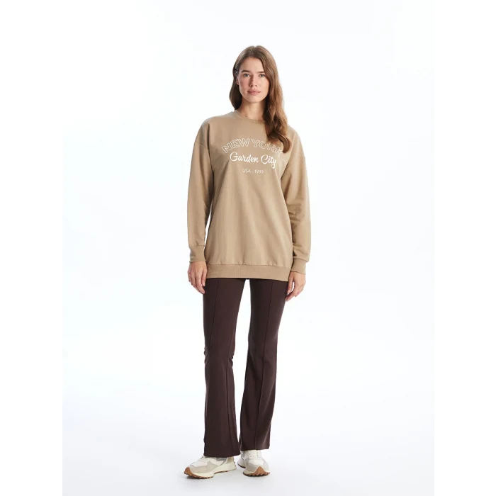 LCW Modest Bej Bisiklet Yaka Baskılı Kadın Sweatshirt Tunik