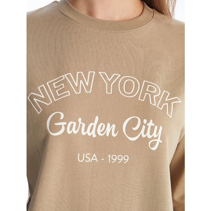 LCW Modest Bej Bisiklet Yaka Baskılı Kadın Sweatshirt Tunik