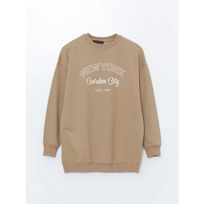 LCW Modest Bej Bisiklet Yaka Baskılı Kadın Sweatshirt Tunik