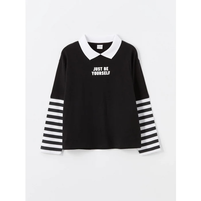 LCW Kids Siyah Polo Yaka Kız Çocuk Tişört