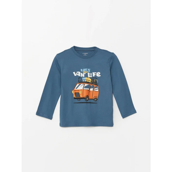 LCW Kids Mavi Bi Baby Bisiklet Yaka Uzun Kollu Baskılı Erkek Bebek Tişört ve Pantolon 2li Takım