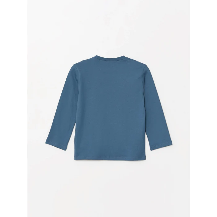 LCW Kids Mavi Bi Baby Bisiklet Yaka Uzun Kollu Baskılı Erkek Bebek Tişört ve Pantolon 2li Takım