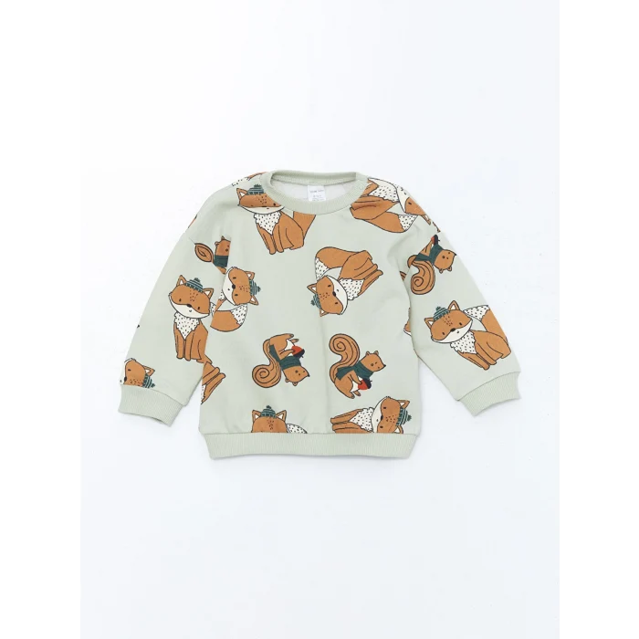 LCW baby Yeşil Bisiklet Yaka Uzun Kollu Baskılı Erkek Bebek Sweatshirt ve Pantolon 2li Takım