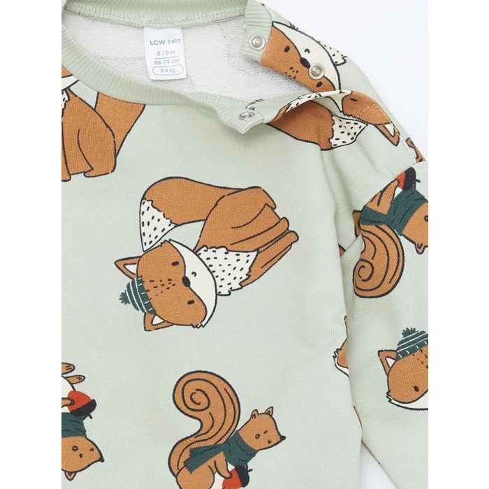 LCW baby Yeşil Bisiklet Yaka Uzun Kollu Baskılı Erkek Bebek Sweatshirt ve Pantolon 2li Takım