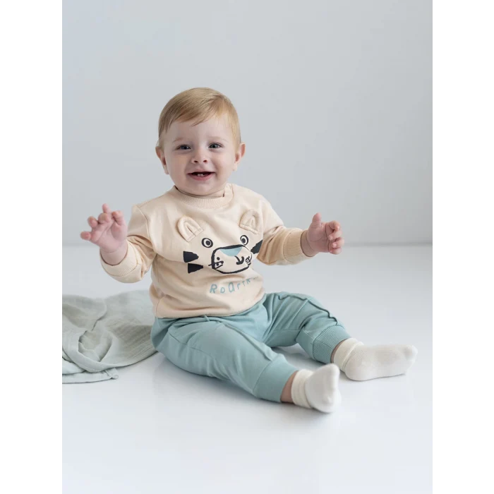 LCW baby Bej Bisiklet Yaka Uzun Kollu Baskılı Erkek Bebek Sweatshirt ve Eşofman Alt 2li Takım