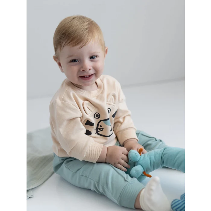 LCW baby Bej Bisiklet Yaka Uzun Kollu Baskılı Erkek Bebek Sweatshirt ve Eşofman Alt 2li Takım