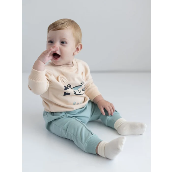 LCW baby Bej Bisiklet Yaka Uzun Kollu Baskılı Erkek Bebek Sweatshirt ve Eşofman Alt 2li Takım