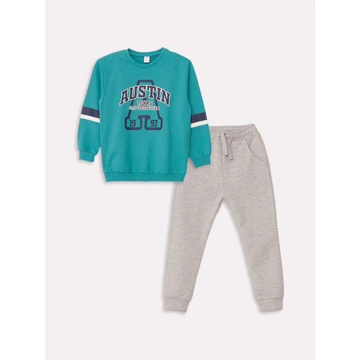 LCW Kids Turkuaz Bisiklet Yaka Uzun Kollu Baskılı Erkek Bebek Sweatshirt ve Eşofman Alt 2li Takım