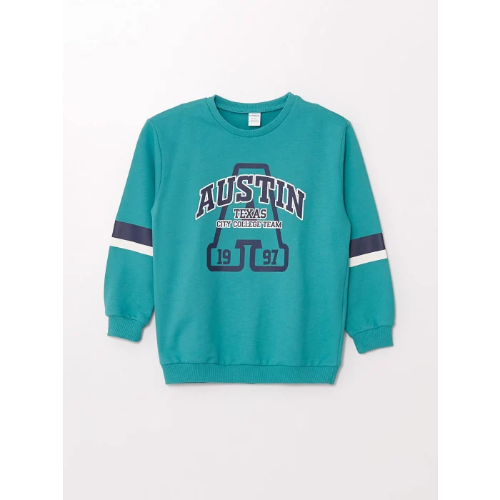 LCW Kids Turkuaz Bisiklet Yaka Uzun Kollu Baskılı Erkek Bebek Sweatshirt ve Eşofman Alt 2li Takım