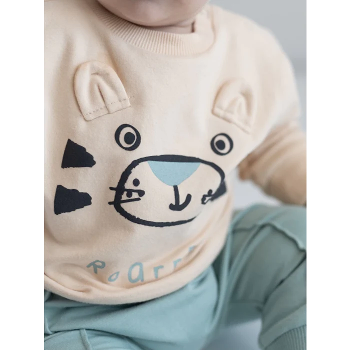 LCW baby Bej Bisiklet Yaka Uzun Kollu Baskılı Erkek Bebek Sweatshirt ve Eşofman Alt 2li Takım