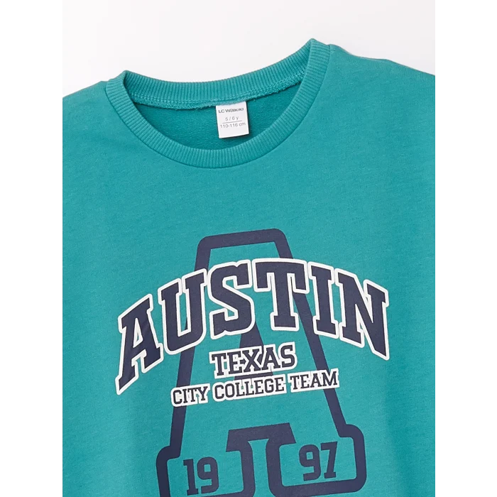 LCW Kids Turkuaz Bisiklet Yaka Uzun Kollu Baskılı Erkek Bebek Sweatshirt ve Eşofman Alt 2li Takım