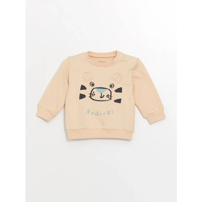 LCW baby Bej Bisiklet Yaka Uzun Kollu Baskılı Erkek Bebek Sweatshirt ve Eşofman Alt 2li Takım