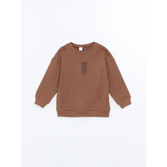 LCW Kids Kahverengi Bisiklet Yaka Uzun Kollu Baskılı Erkek Bebek Sweatshirt ve Eşofman Alt 2li Takım