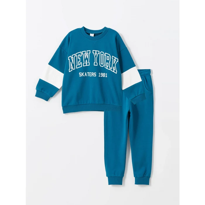 LCW Kids Petrol Bisiklet Yaka Baskılı Erkek Bebek Sweatshirt ve Pantolon 2li Takım