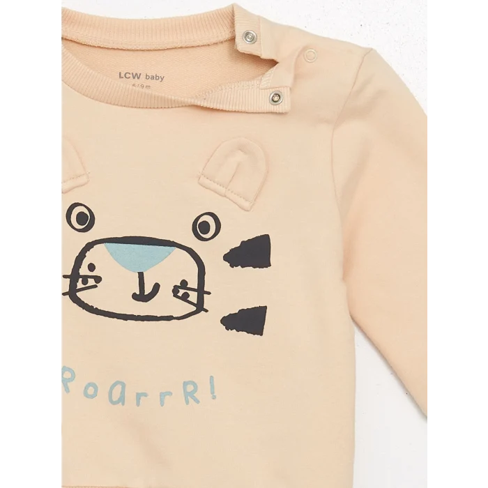 LCW baby Bej Bisiklet Yaka Uzun Kollu Baskılı Erkek Bebek Sweatshirt ve Eşofman Alt 2li Takım