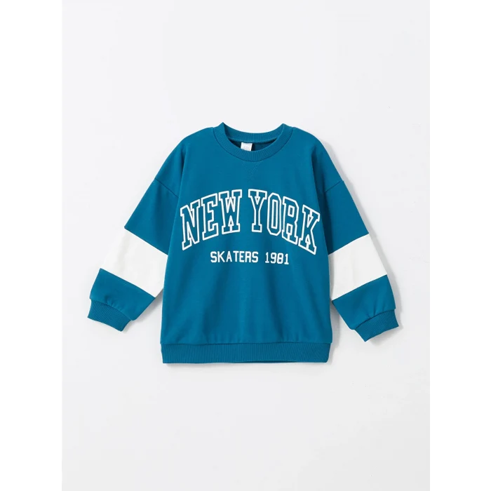 LCW Kids Petrol Bisiklet Yaka Baskılı Erkek Bebek Sweatshirt ve Pantolon 2li Takım