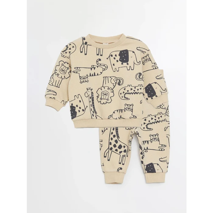 LCW baby Bej Bisiklet Yaka Baskılı Uzun Kollu Erkek Bebek Sweatshirt ve Eşofman Altı 2li Takım
