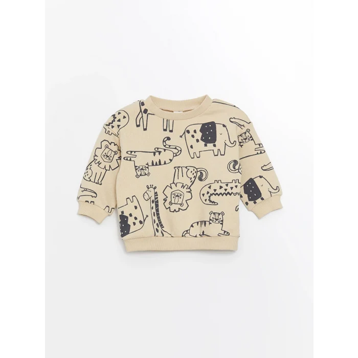 LCW baby Bej Bisiklet Yaka Baskılı Uzun Kollu Erkek Bebek Sweatshirt ve Eşofman Altı 2li Takım