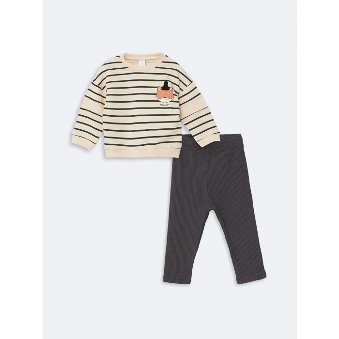 LCW baby Ekru Bisiklet Yaka Baskılı Erkek Bebek Sweatshirt ve Eşofman Alt 2li