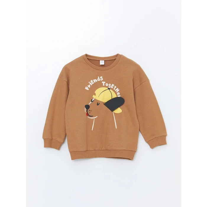 LCW Kids Kahverengi Bisiklet Yaka Uzun Kollu Baskılı Erkek Bebek Sweatshirt ve Eşofman Alt 2li Takım