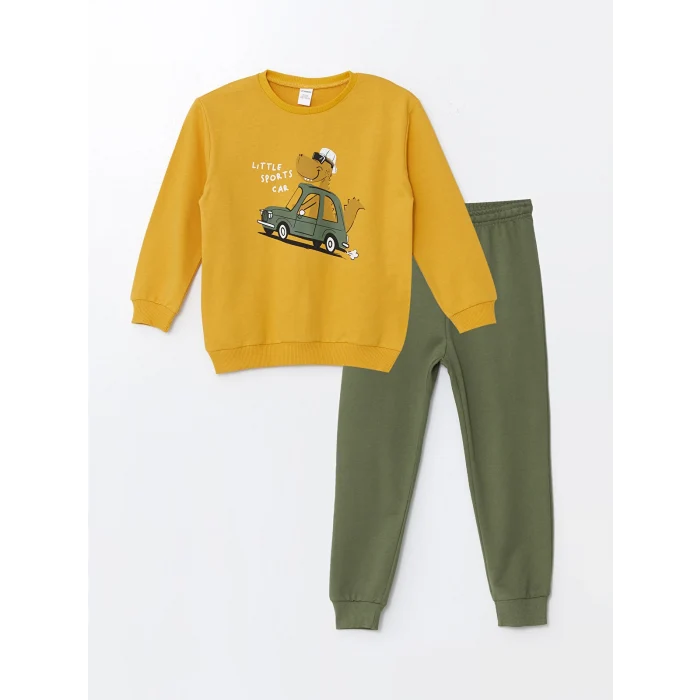 LCW Kids Sari Bisiklet Yaka Uzun Kollu Baskılı Erkek Bebek Sweatshirt ve Eşofman Alt 2li Takım