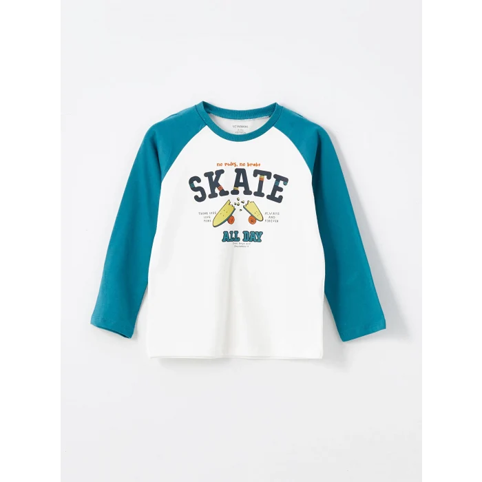 LCW Kids Ekru Bisiklet Yaka Uzun Kollu Baskılı Erkek Bebek Tişört ve Eşofman Alt 2li Takım