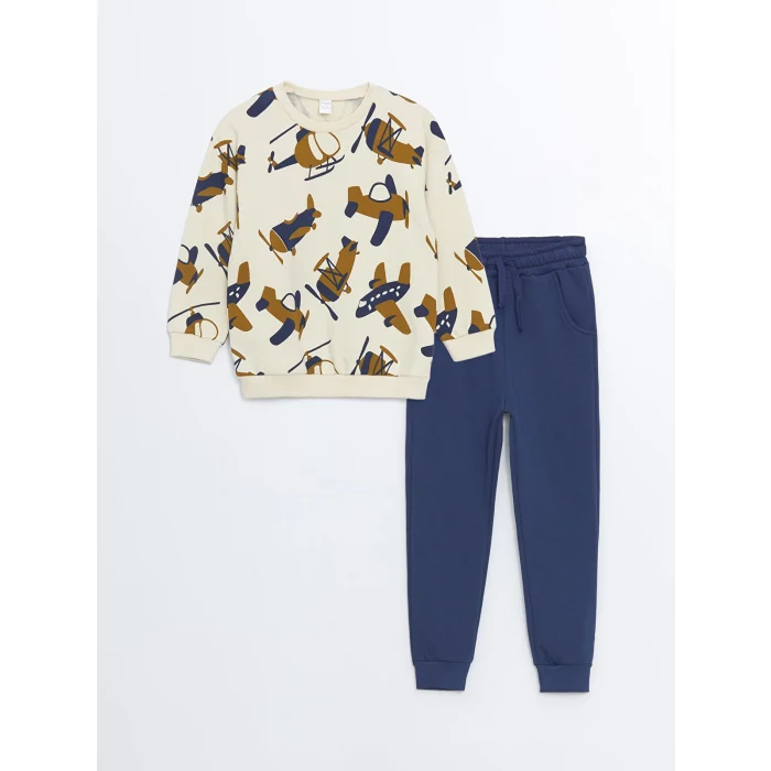 LCW Kids Bej Bisiklet Yaka Uzun Kollu Erkek Bebek Sweatshirt ve Eşofman Alt 2li Takım