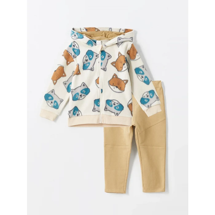 LCW baby Bej Kapüşonlu Erkek Bebek Hırka ve Eşofman Alt 2li Takım