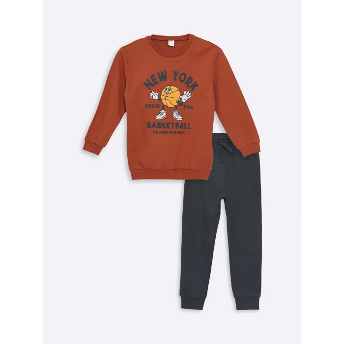 LCW Kids Turuncu Bisiklet Yaka Erkek Bebek Sweatshirt ve Eşofman Alt 2li