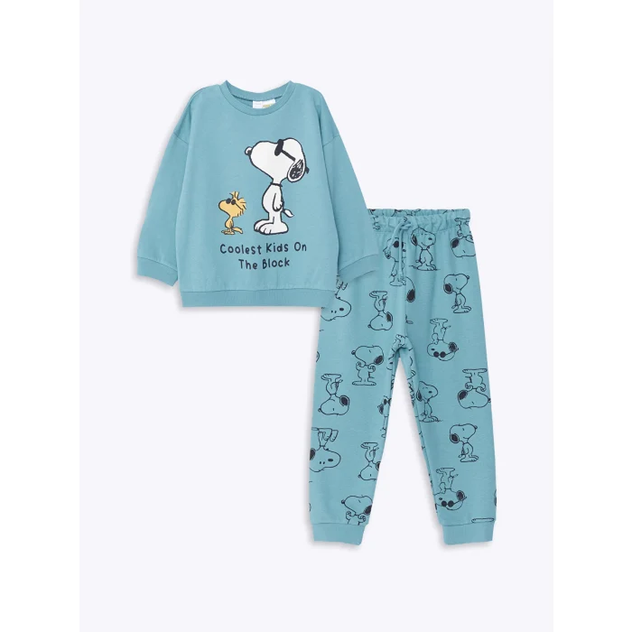 LCW Kids Yeşil Bisiklet Yaka Baskılı Erkek Çocuk Sweatshirt ve Eşofman Alt 2li Takım