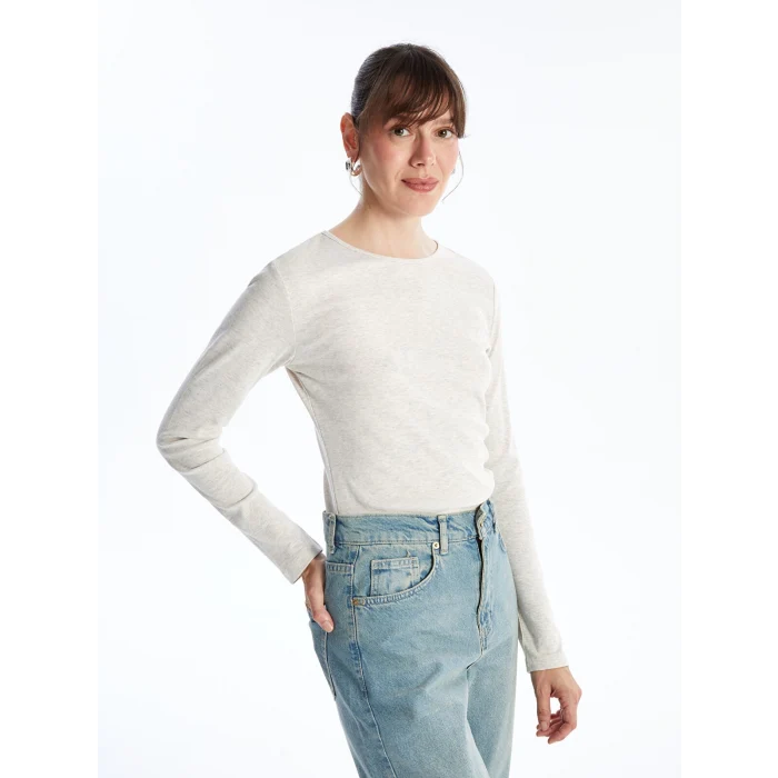 LCWAIKIKI Basic Bej Bisiklet Yaka Düz Uzun Kollu Kadın Body