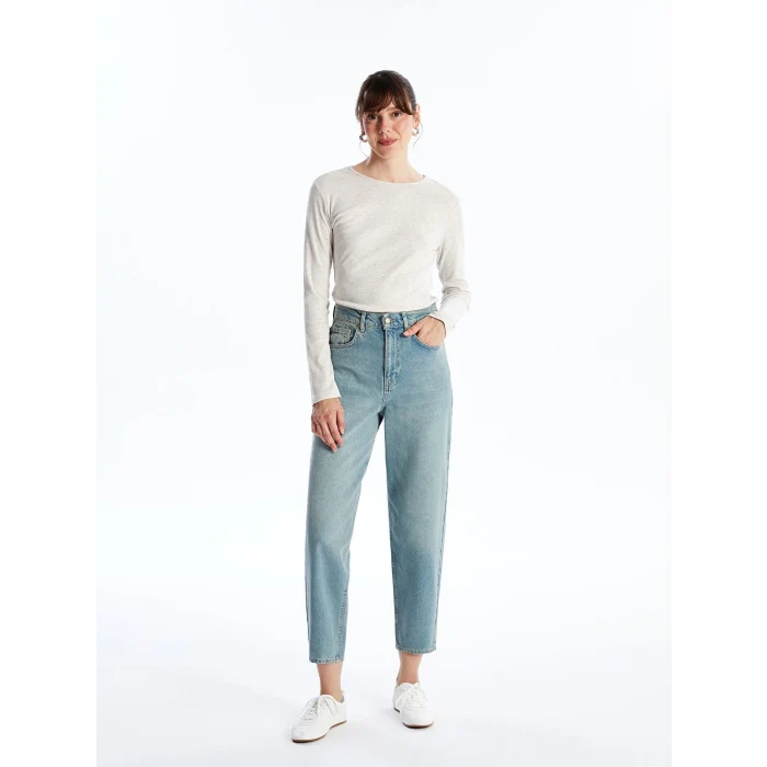 LCWAIKIKI Basic Bej Bisiklet Yaka Düz Uzun Kollu Kadın Body