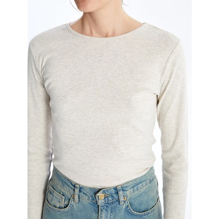 LCWAIKIKI Basic Bej Bisiklet Yaka Düz Uzun Kollu Kadın Body