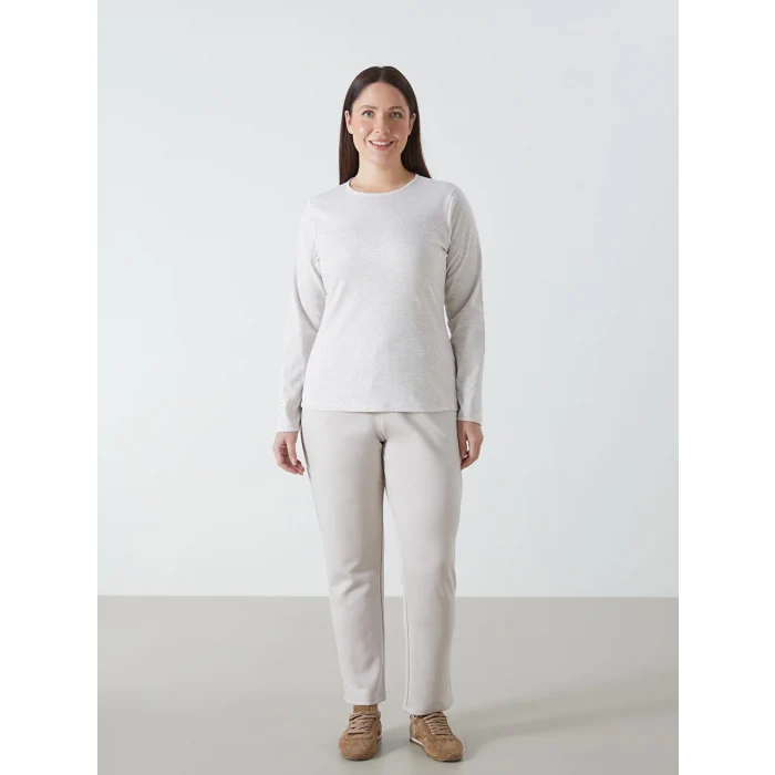 LCWAIKIKI Basic Bej Bisiklet Yaka Düz Uzun Kollu Kadın Body