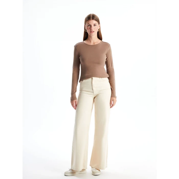 LCWAIKIKI Classic Kahverengi Bisiklet Yaka Düz Uzun Kollu Kadın Body