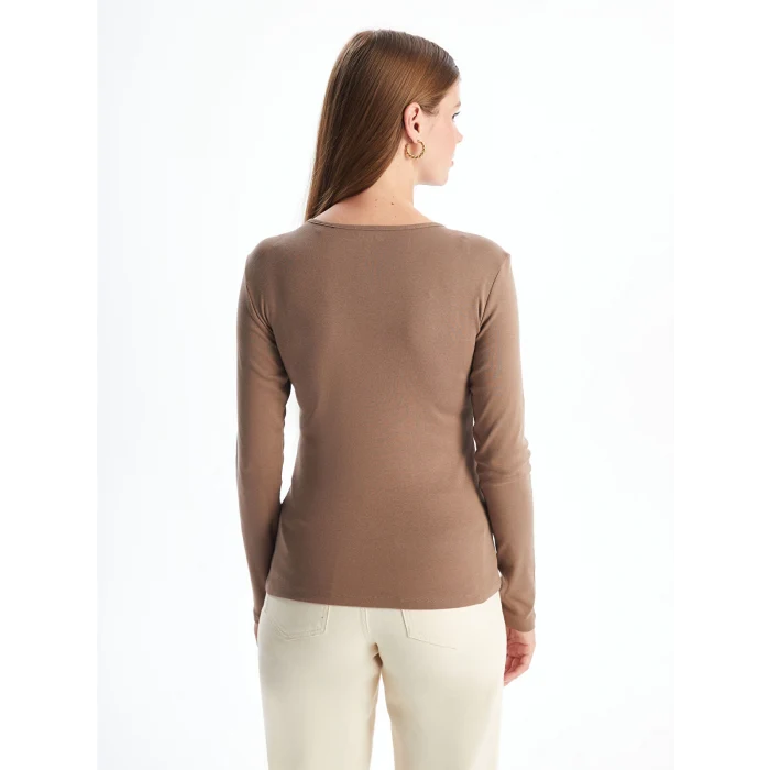 LCWAIKIKI Classic Kahverengi Bisiklet Yaka Düz Uzun Kollu Kadın Body