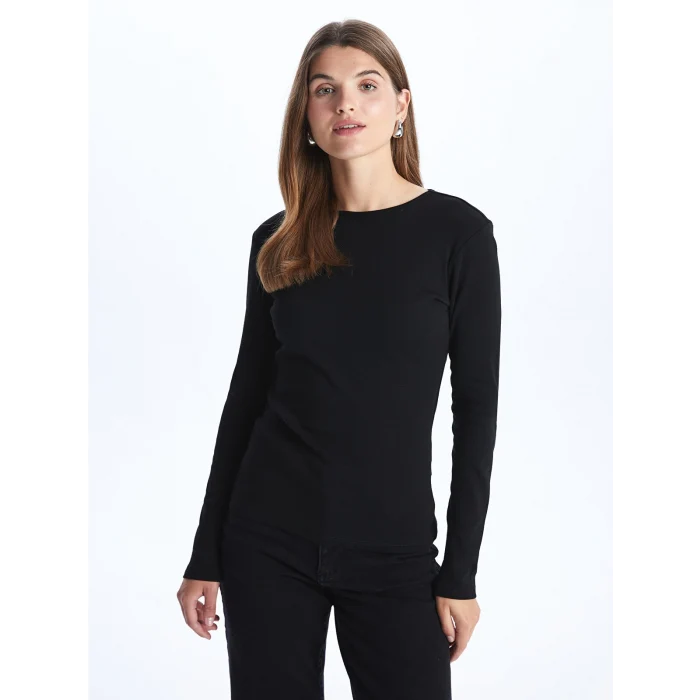 LCWAIKIKI Classic Siyah Bisiklet Yaka Düz Uzun Kollu Kadın Tişört
