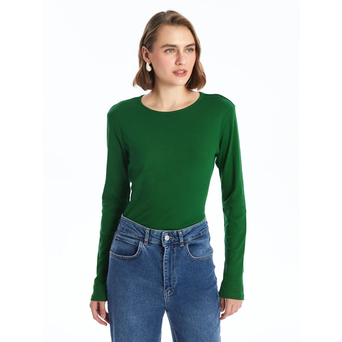 LCWAIKIKI Classic Yeşil Bisiklet Yaka Düz Uzun Kollu Kadın Body