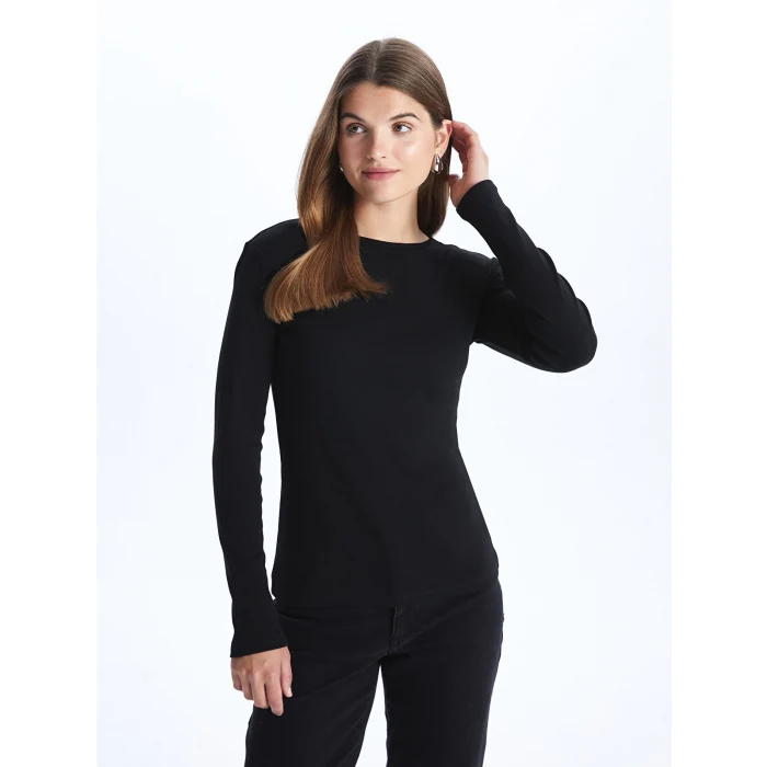 LCWAIKIKI Classic Siyah Bisiklet Yaka Düz Uzun Kollu Kadın Tişört