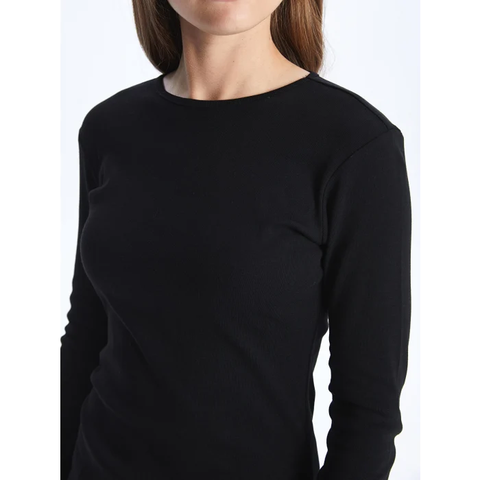 LCWAIKIKI Classic Siyah Bisiklet Yaka Düz Uzun Kollu Kadın Tişört