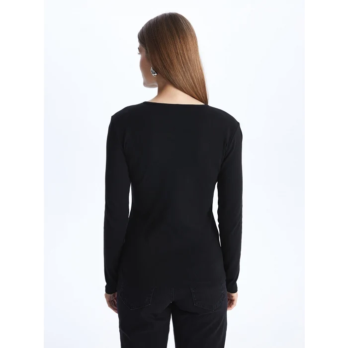 LCWAIKIKI Classic Siyah Bisiklet Yaka Düz Uzun Kollu Kadın Tişört