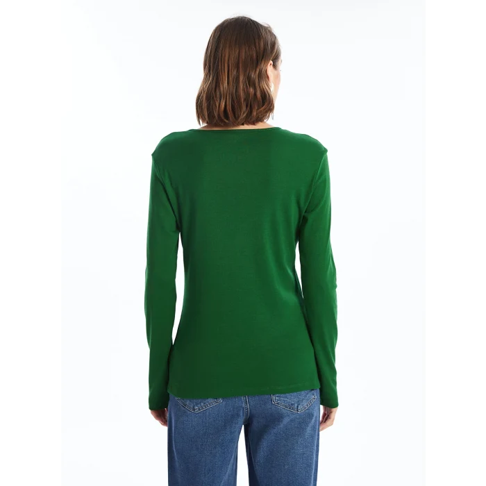 LCWAIKIKI Classic Yeşil Bisiklet Yaka Düz Uzun Kollu Kadın Body