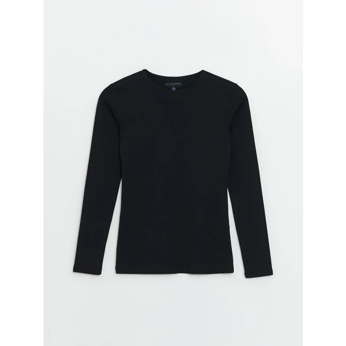 LCWAIKIKI Classic Siyah Bisiklet Yaka Düz Uzun Kollu Kadın Tişört